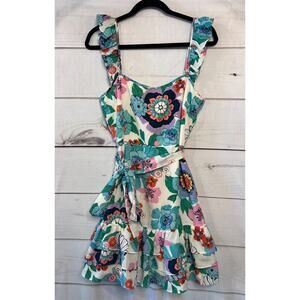 Likely Size 10 Dress White With Multicolor Flowers Fun Flirty Ruffles Sleeveless